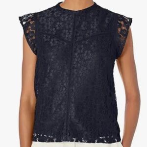 Nanette Lepore Black Lace High Neck Cap Sleeve Lace Floral Top - EUC